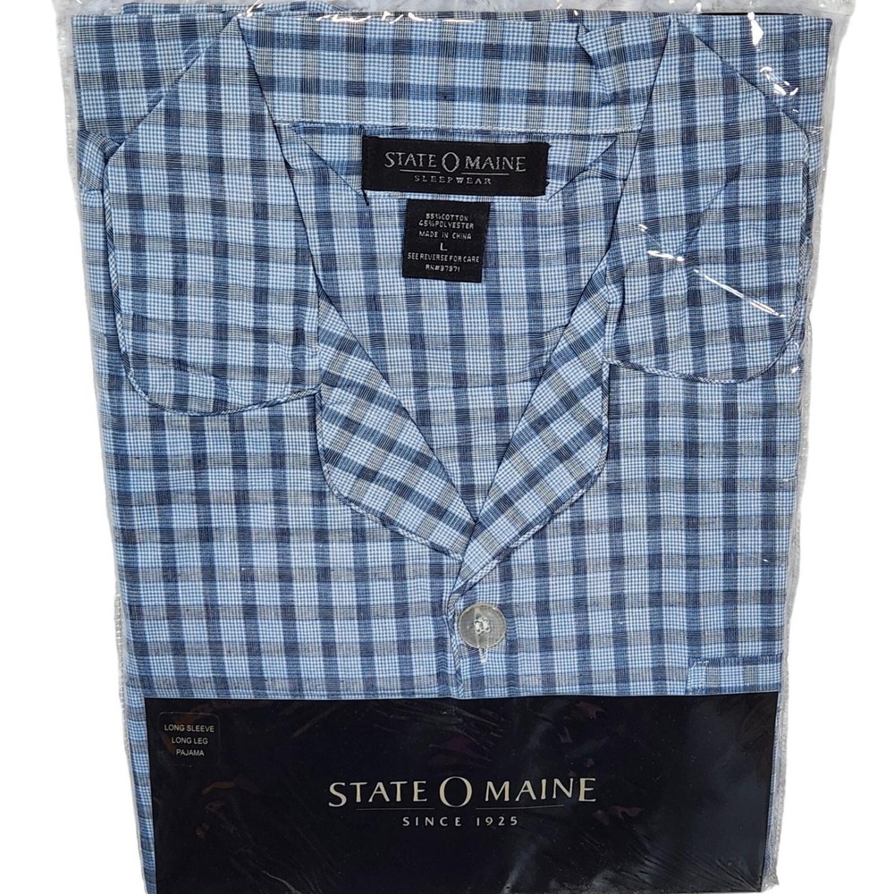 NOS‎ State O Maine Vintage Men's Blue Plaid Pajamas New w/ Original Packaging L